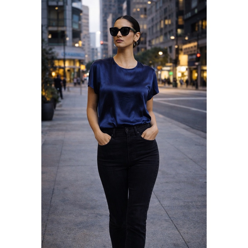 Silky navy dream top 💙 Pure Collection 100% silk‎ — slinky & chic. Size M/L